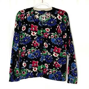 Talbots | Floral Black Cardigan Sweater Button Front Cotton Blend Women L PETITE